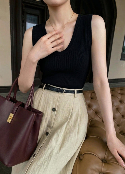 Black knit-paneled A-line maxi dress