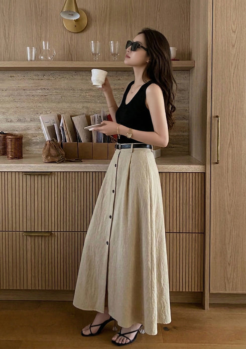 Black knit-paneled A-line maxi dress